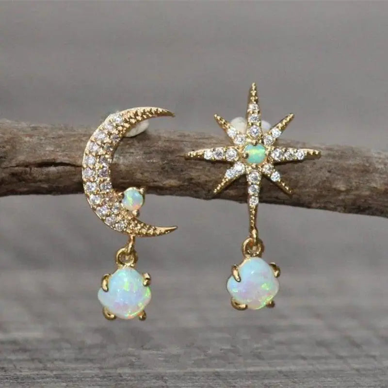 Women's Moon Star Opal Earrings - Elegant Celestial Gold Jewelry