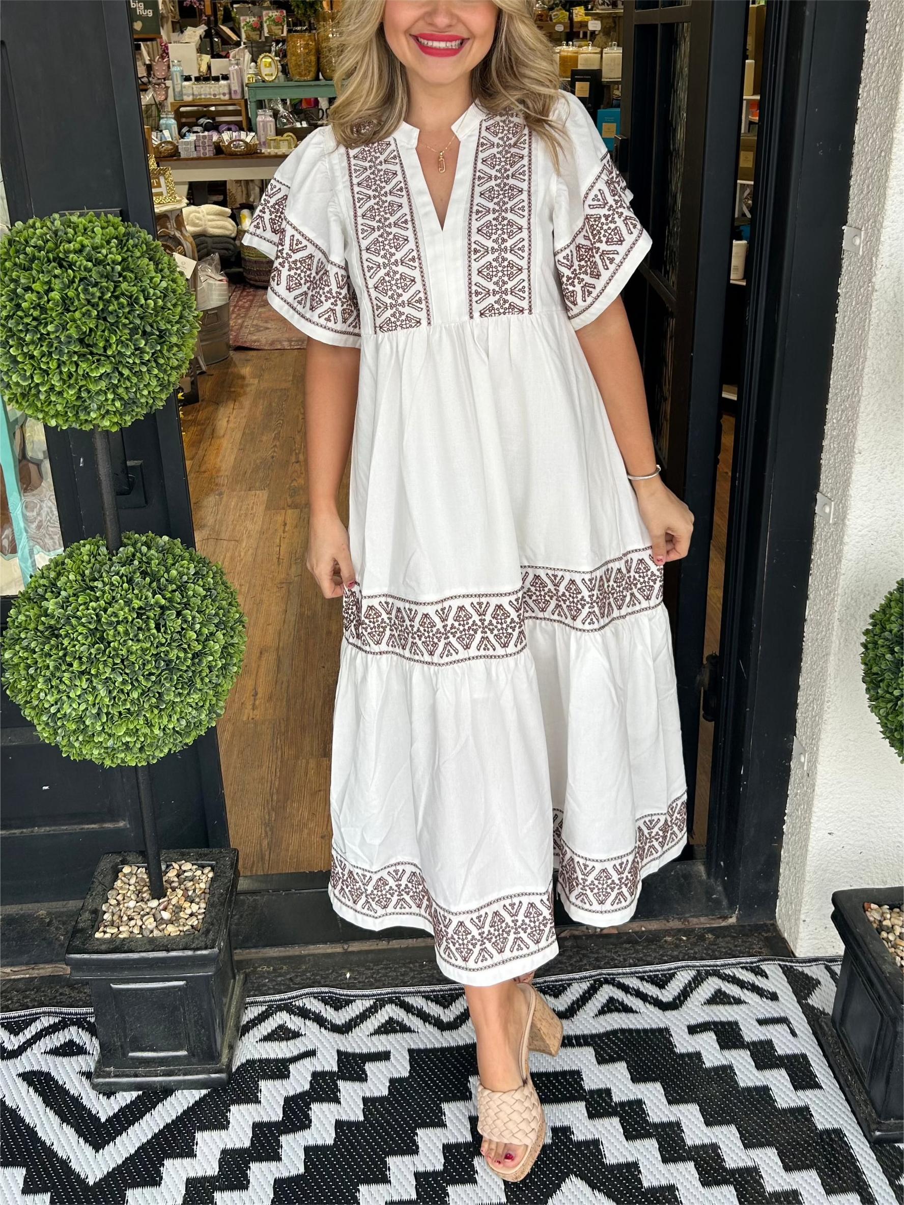 Women's Embroidered V Neck Boho Maxi Dress – Flowy Vacation Dress