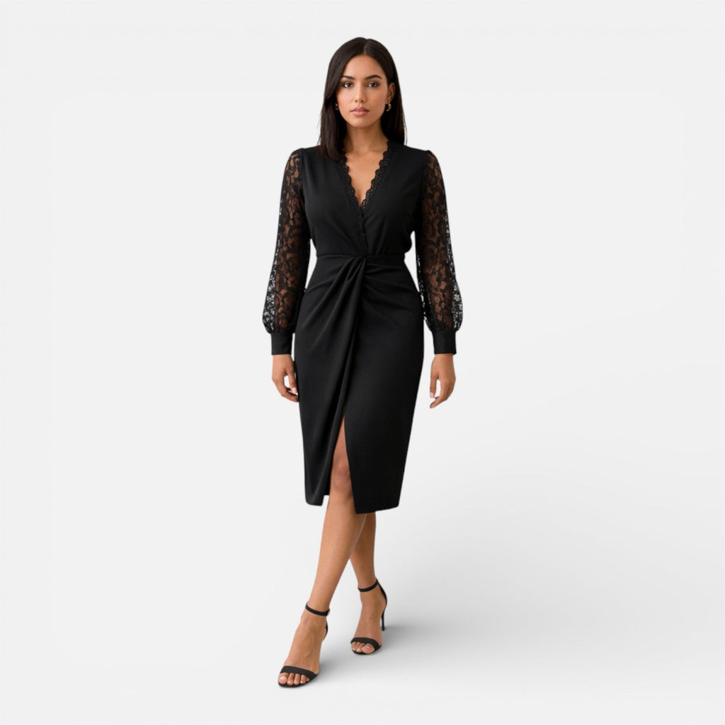Women’s Lace Sleeve Midi Dress – Elegant Structured-Fit Formal Dress