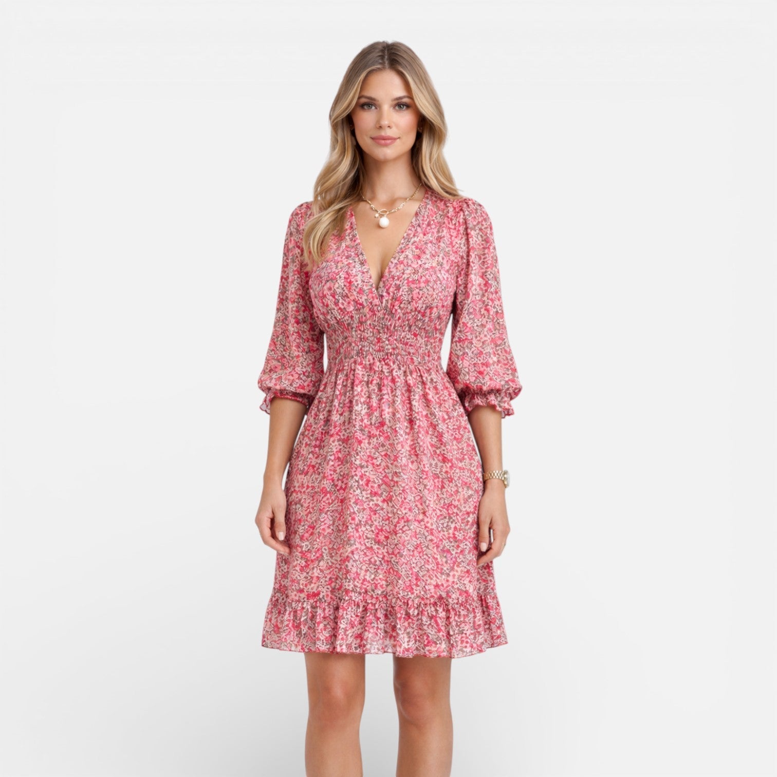 Women’s Floral Smocked Waist Midi Dress – Elegant V-Neck Summer Dress
