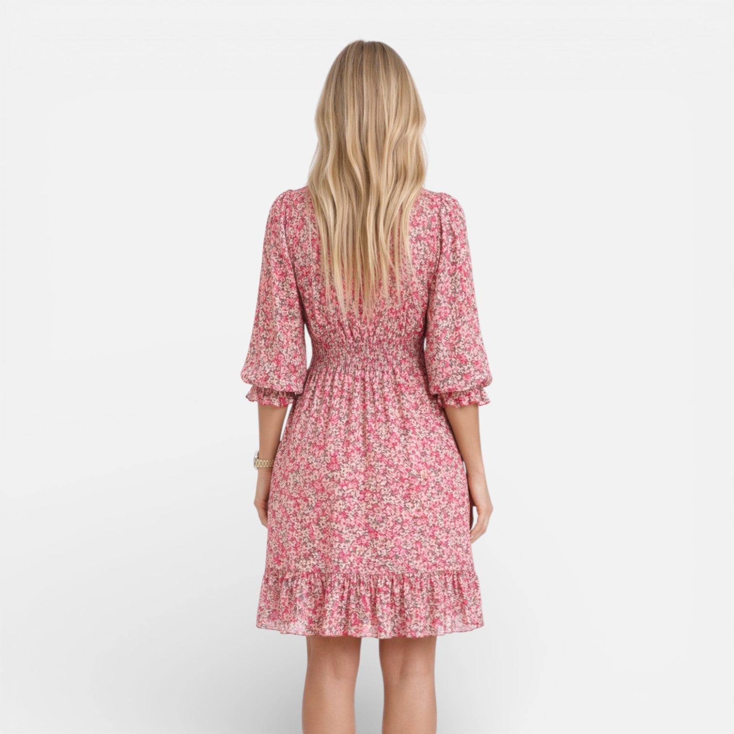Women’s Floral Smocked Waist Midi Dress – Elegant V-Neck Summer Dress