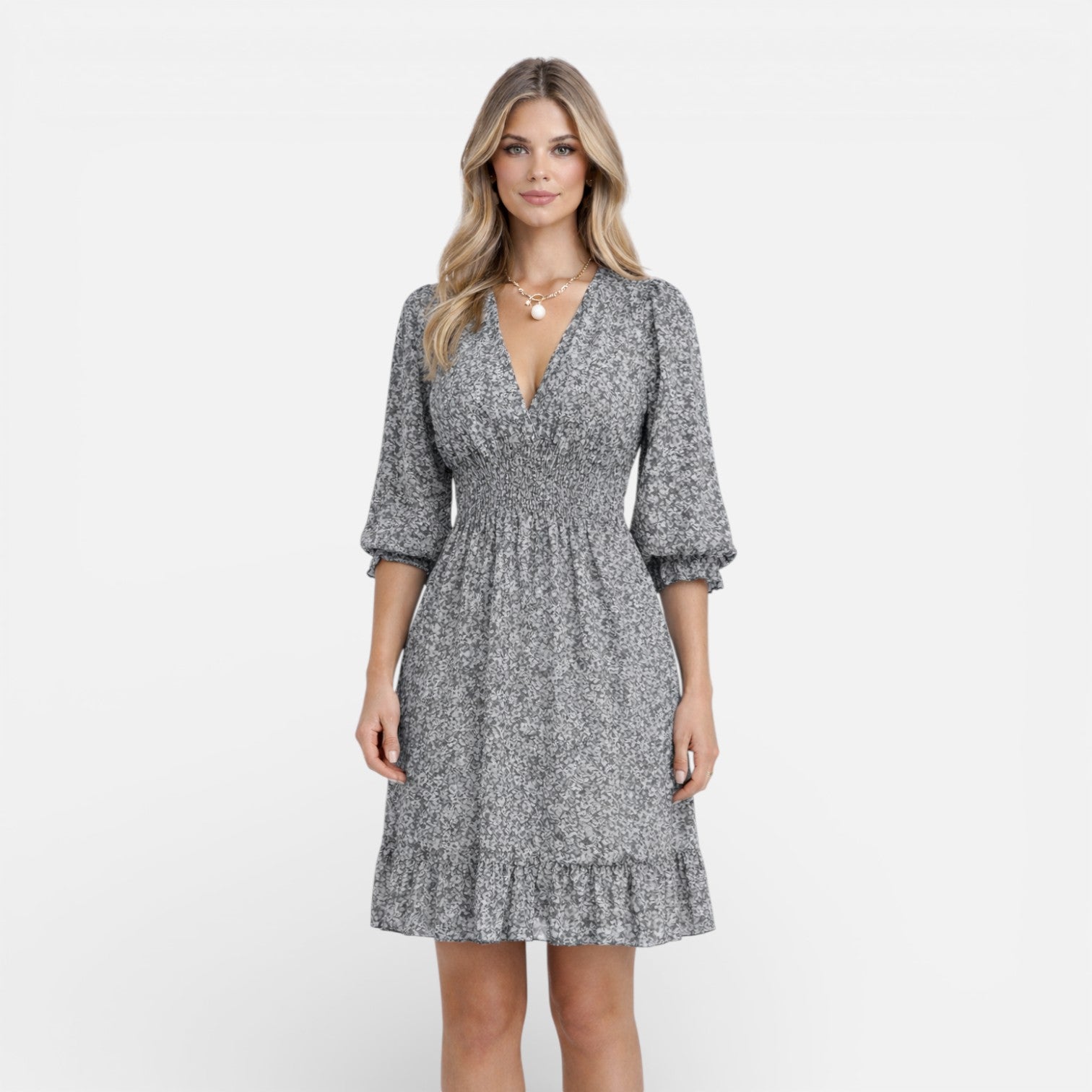 Women’s Floral Smocked Waist Midi Dress – Elegant V-Neck Summer Dress
