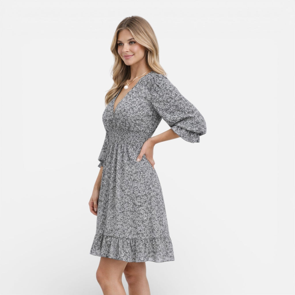 Women’s Floral Smocked Waist Midi Dress – Elegant V-Neck Summer Dress