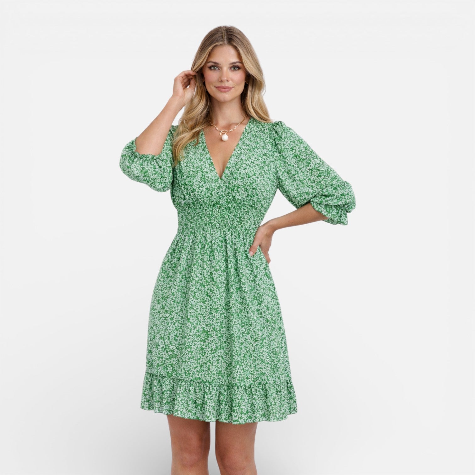 Women’s Floral Smocked Waist Midi Dress – Elegant V-Neck Summer Dress