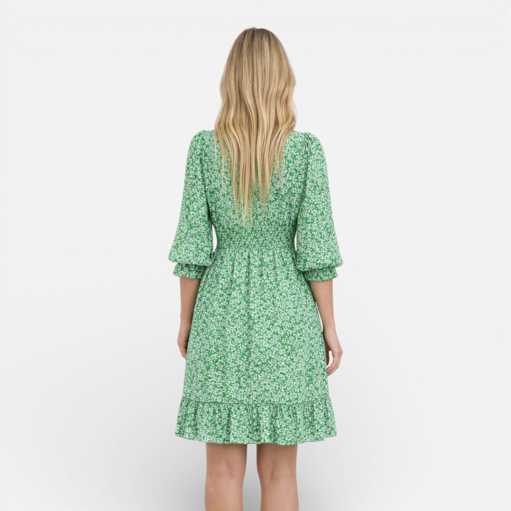 Women’s Floral Smocked Waist Midi Dress – Elegant V-Neck Summer Dress