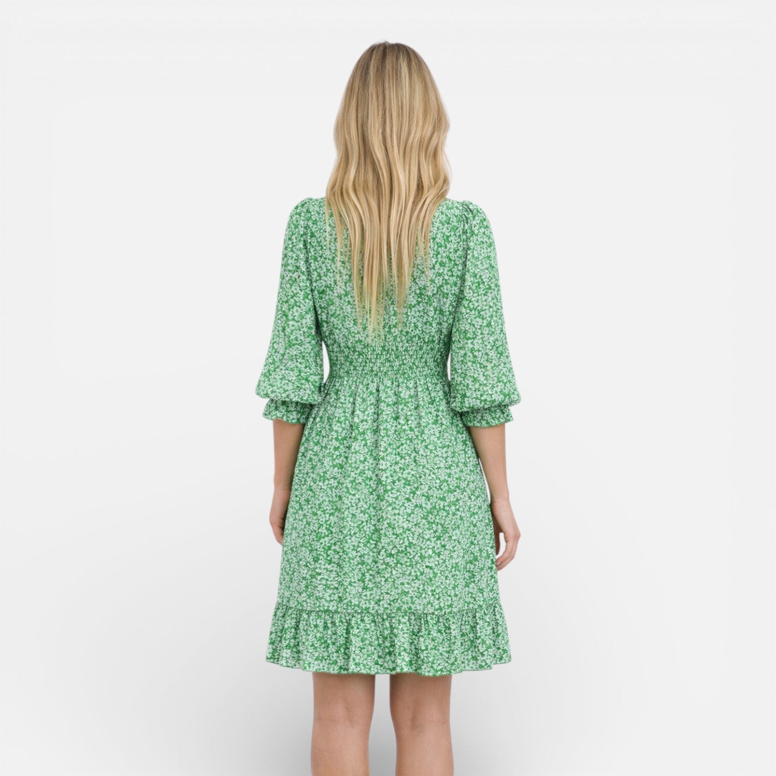 Women’s Floral Smocked Waist Midi Dress – Elegant V-Neck Summer Dress