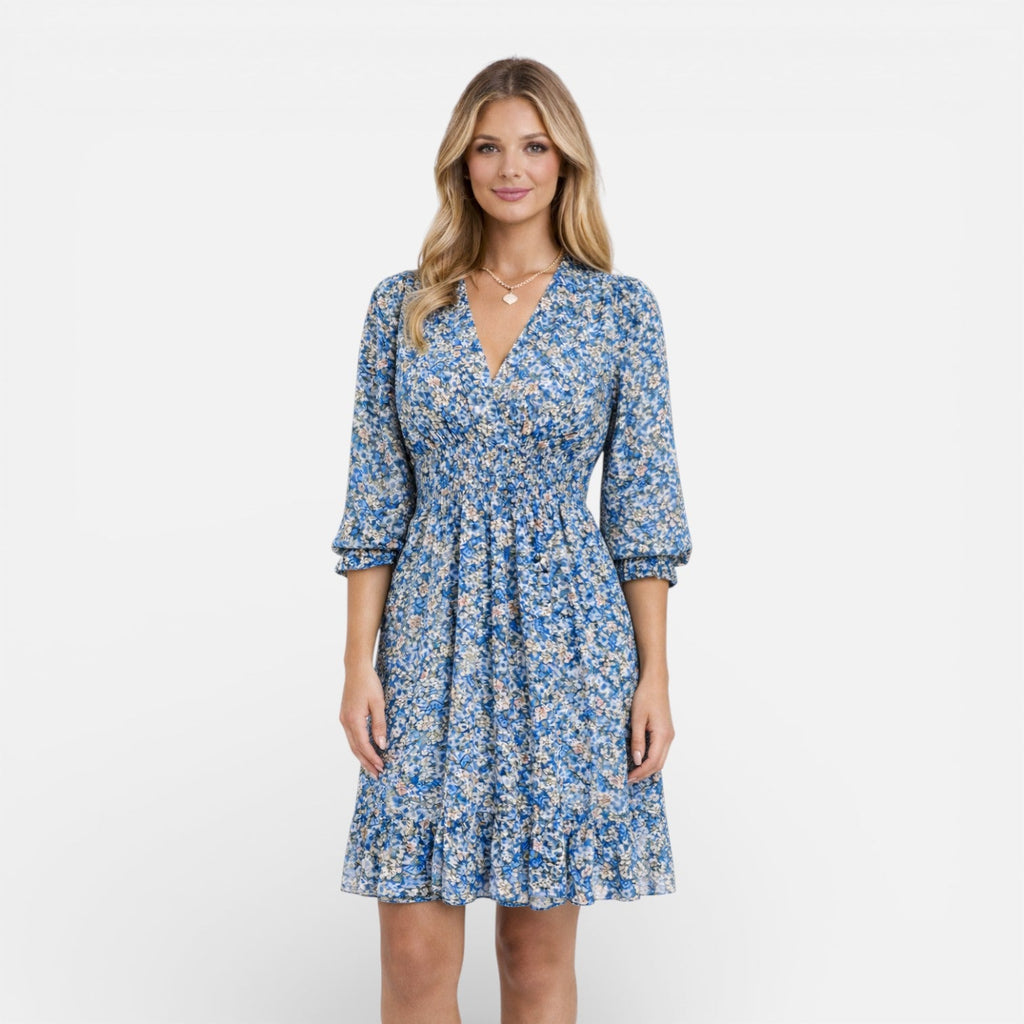 Women’s Floral Smocked Waist Midi Dress – Elegant V-Neck Summer Dress