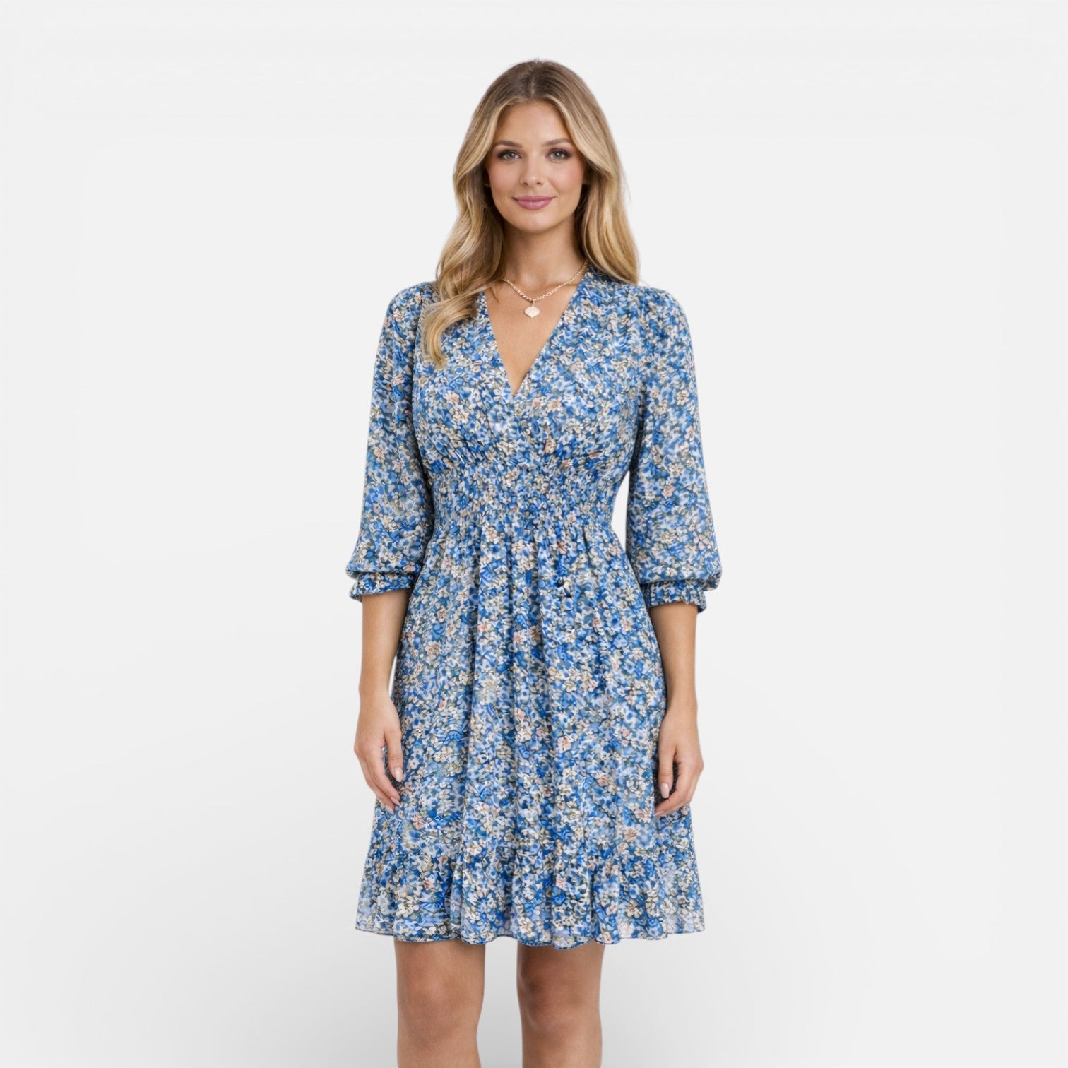 Women’s Floral Smocked Waist Midi Dress – Elegant V-Neck Summer Dress