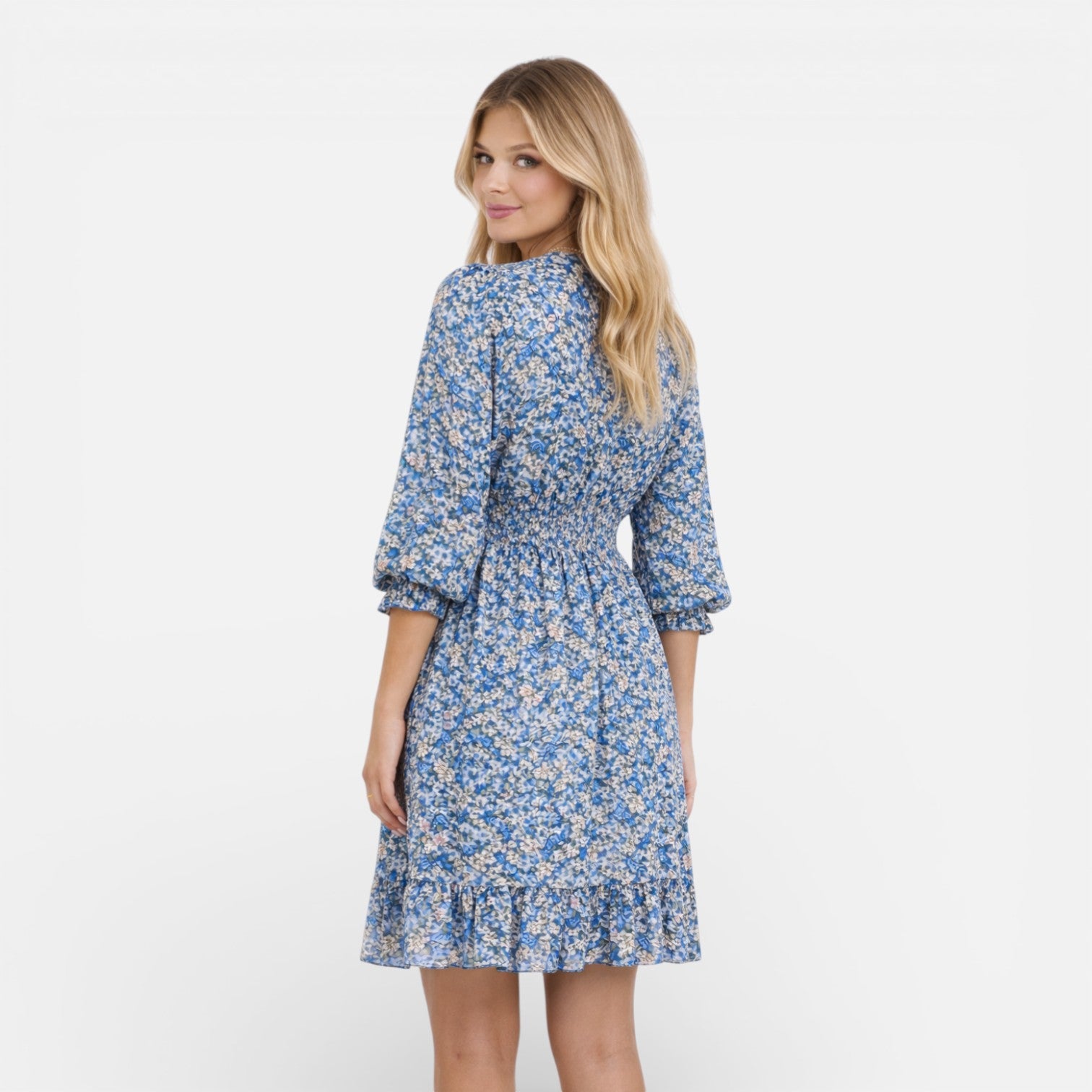 Women’s Floral Smocked Waist Midi Dress – Elegant V-Neck Summer Dress