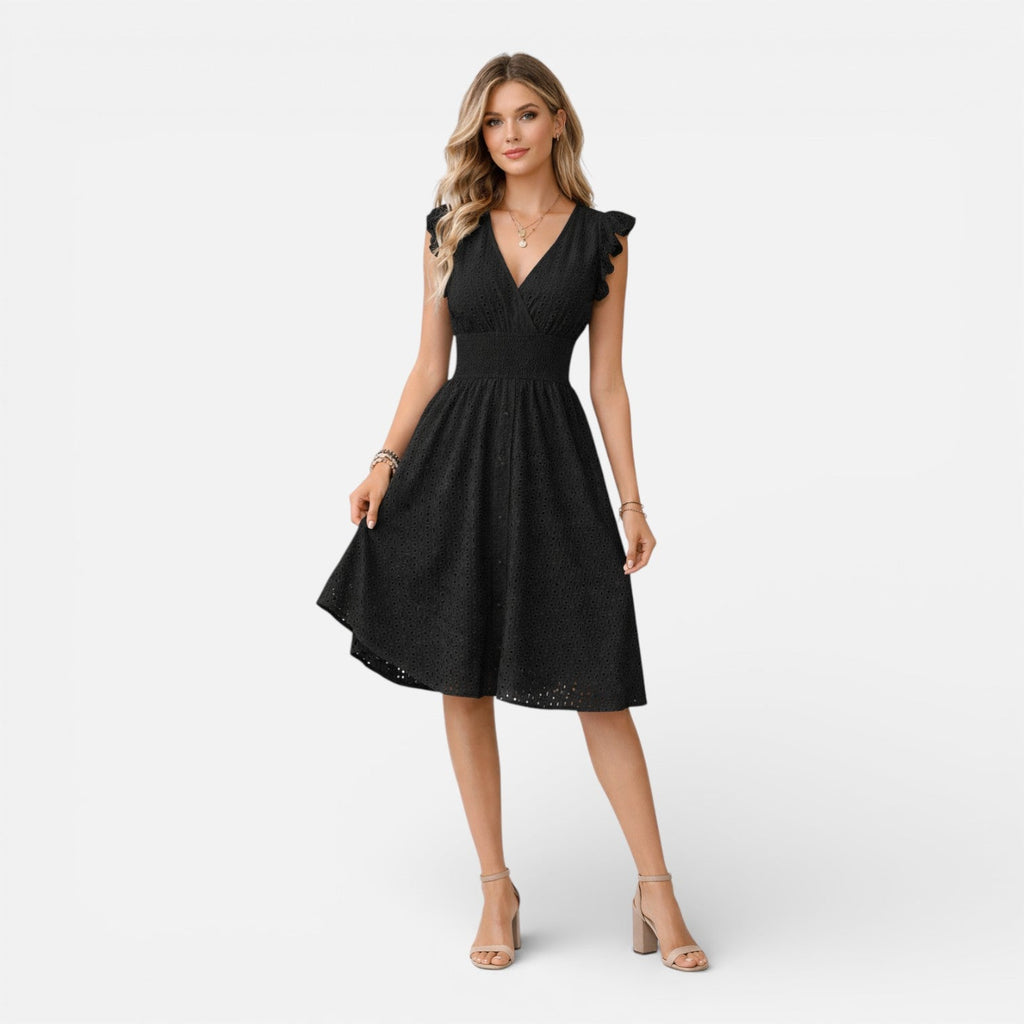 Women’s Eyelet Lace Midi Dress – V-Neck Fit-and-Flare Summer Dress