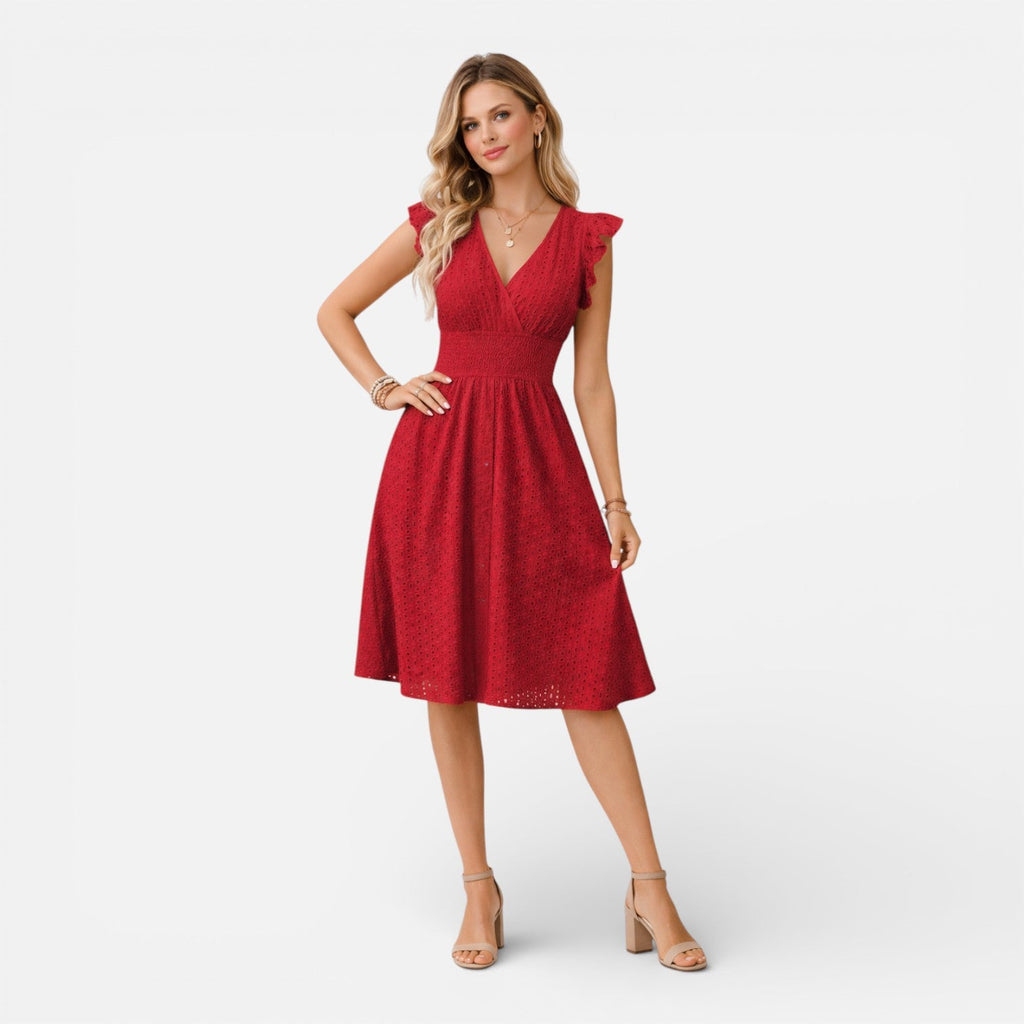 Women’s Eyelet Lace Midi Dress – V-Neck Fit-and-Flare Summer Dress