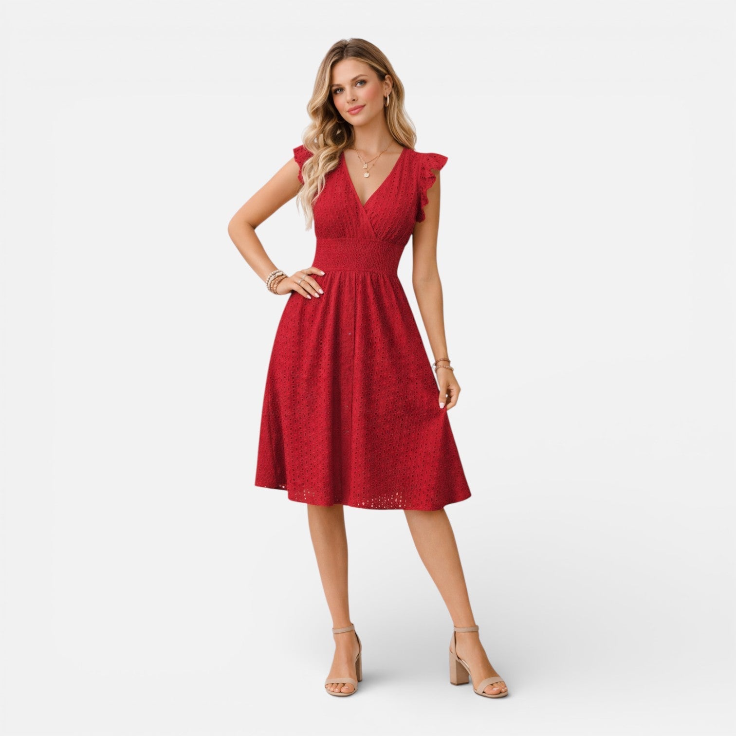 Women’s Eyelet Lace Midi Dress – V-Neck Fit-and-Flare Summer Dress