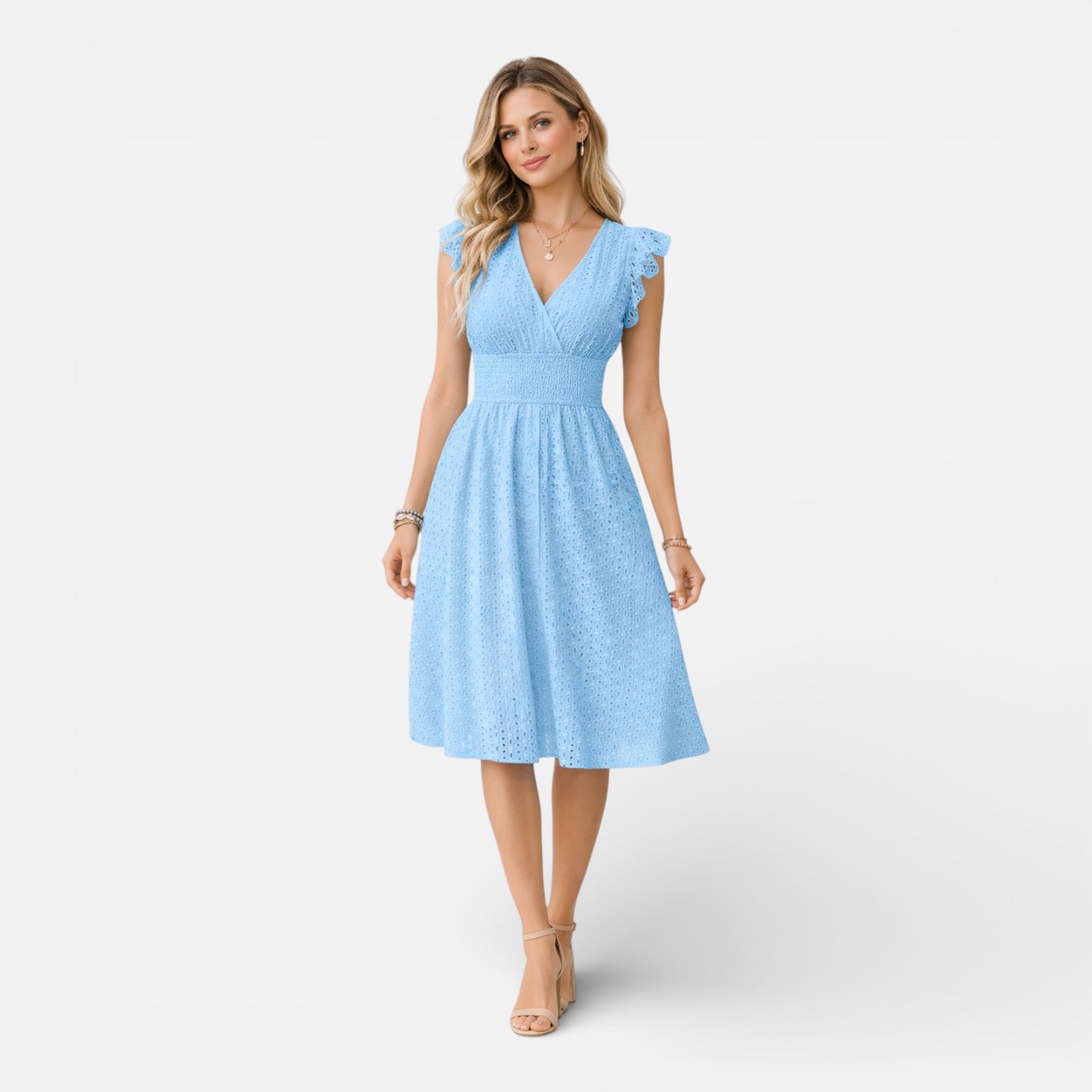 Women’s Eyelet Lace Midi Dress – V-Neck Fit-and-Flare Summer Dress
