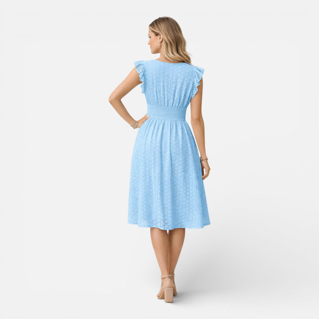 Women’s Eyelet Lace Midi Dress – V-Neck Fit-and-Flare Summer Dress