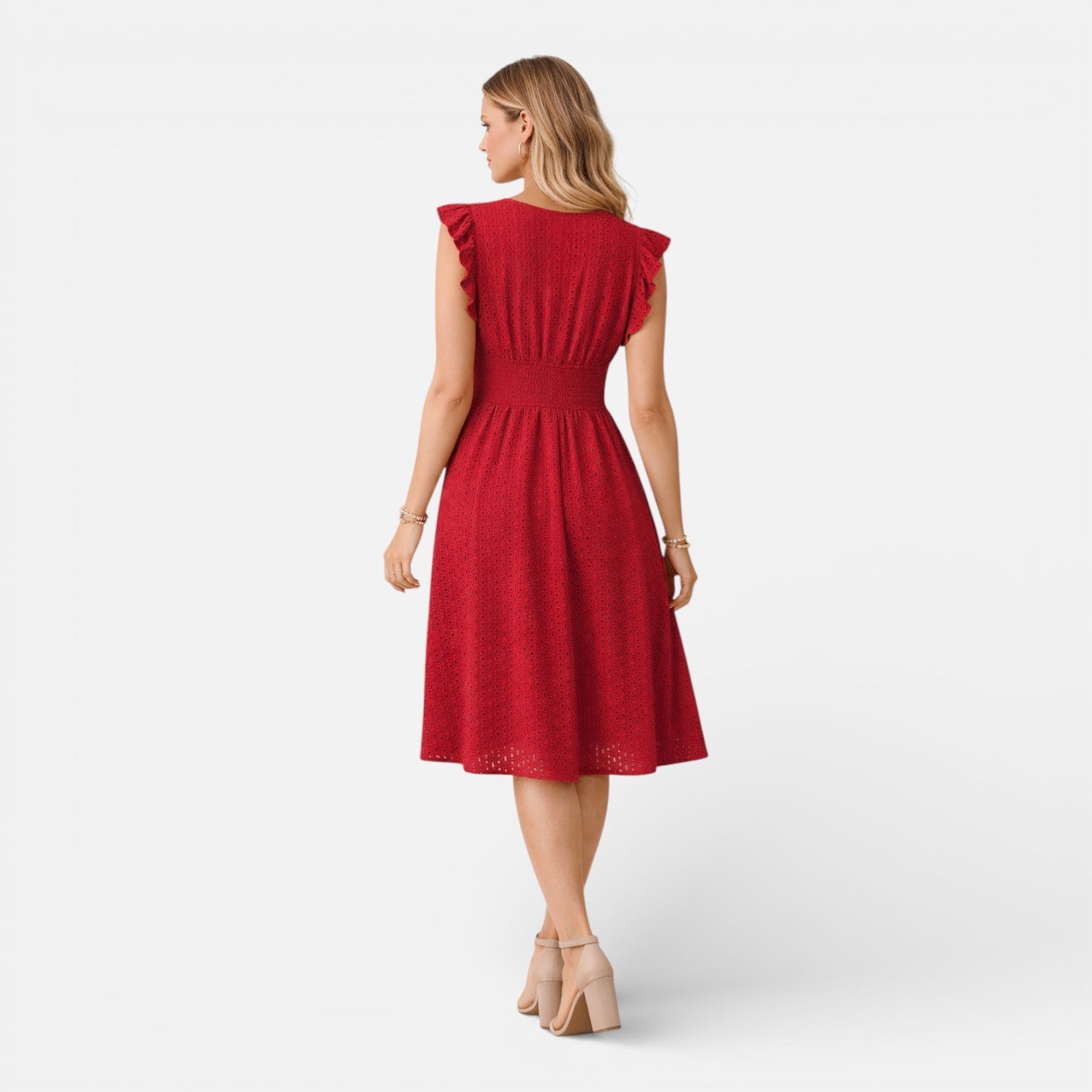 Women’s Eyelet Lace Midi Dress – V-Neck Fit-and-Flare Summer Dress