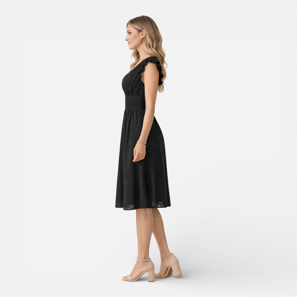 Women’s Eyelet Lace Midi Dress – V-Neck Fit-and-Flare Summer Dress