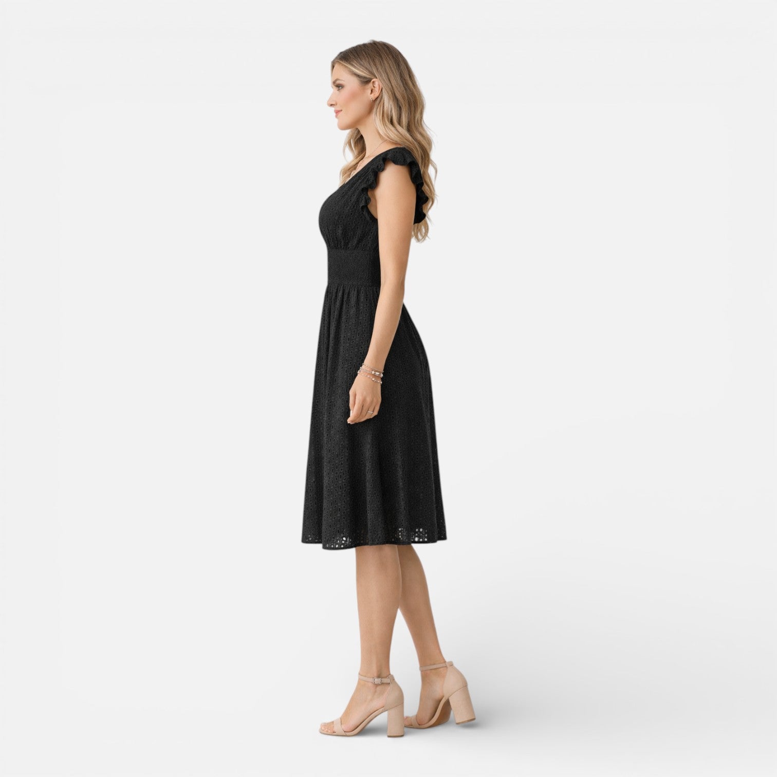 Women’s Eyelet Lace Midi Dress – V-Neck Fit-and-Flare Summer Dress