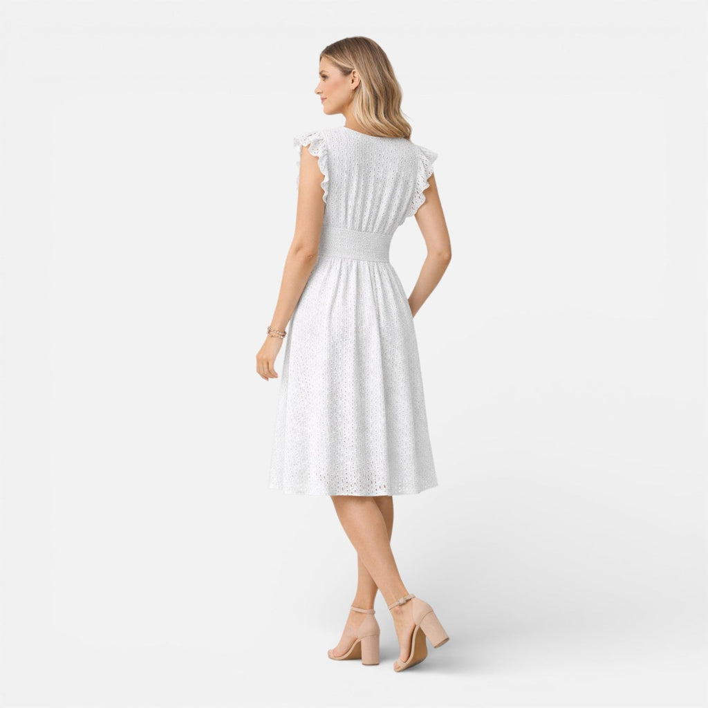 Women’s Eyelet Lace Midi Dress – V-Neck Fit-and-Flare Summer Dress