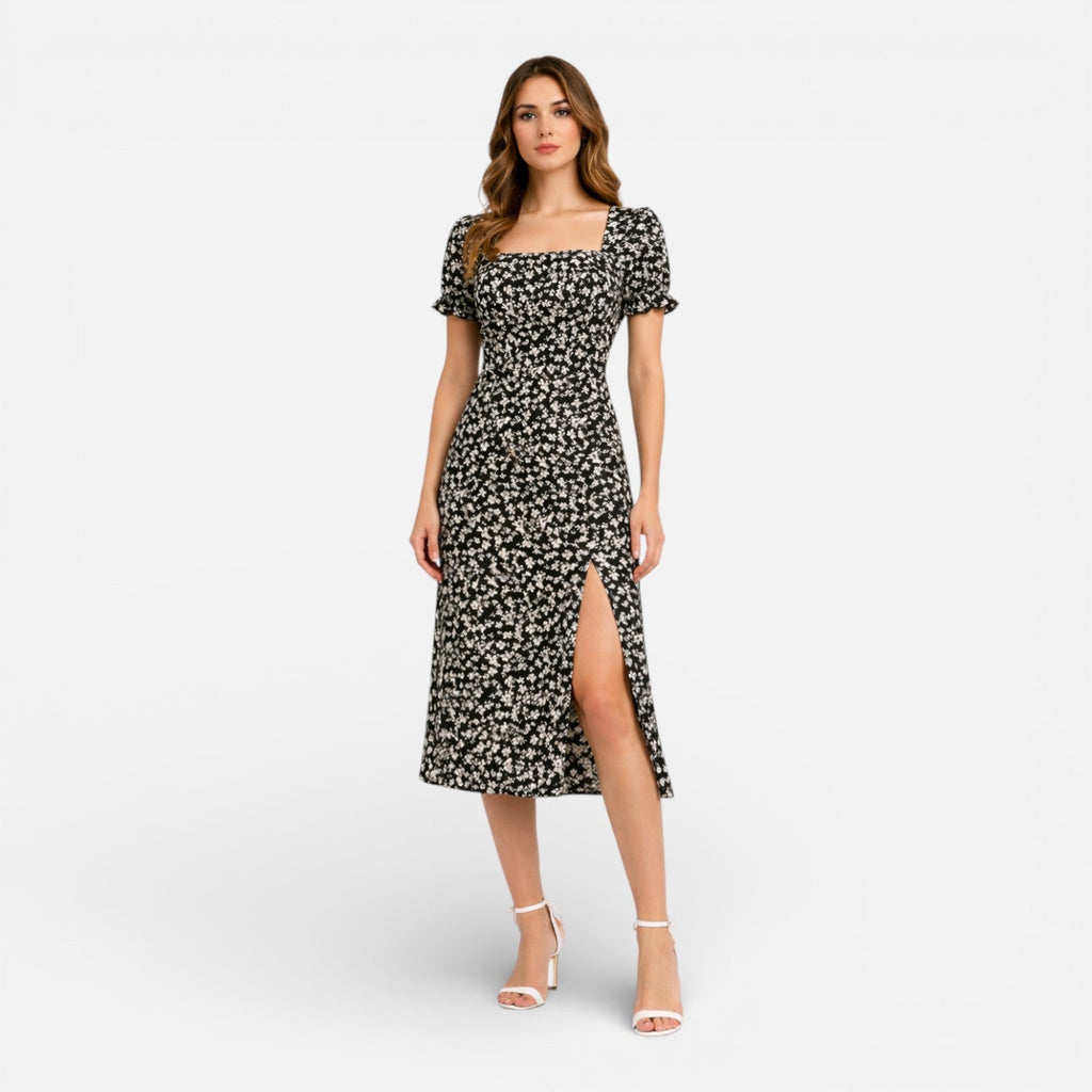 Women’s Floral Midi Dress – Elegant Square Neck Summer Dress