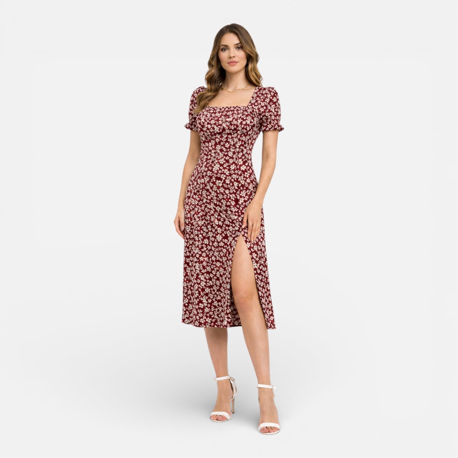 Women’s Floral Midi Dress – Elegant Square Neck Summer Dress