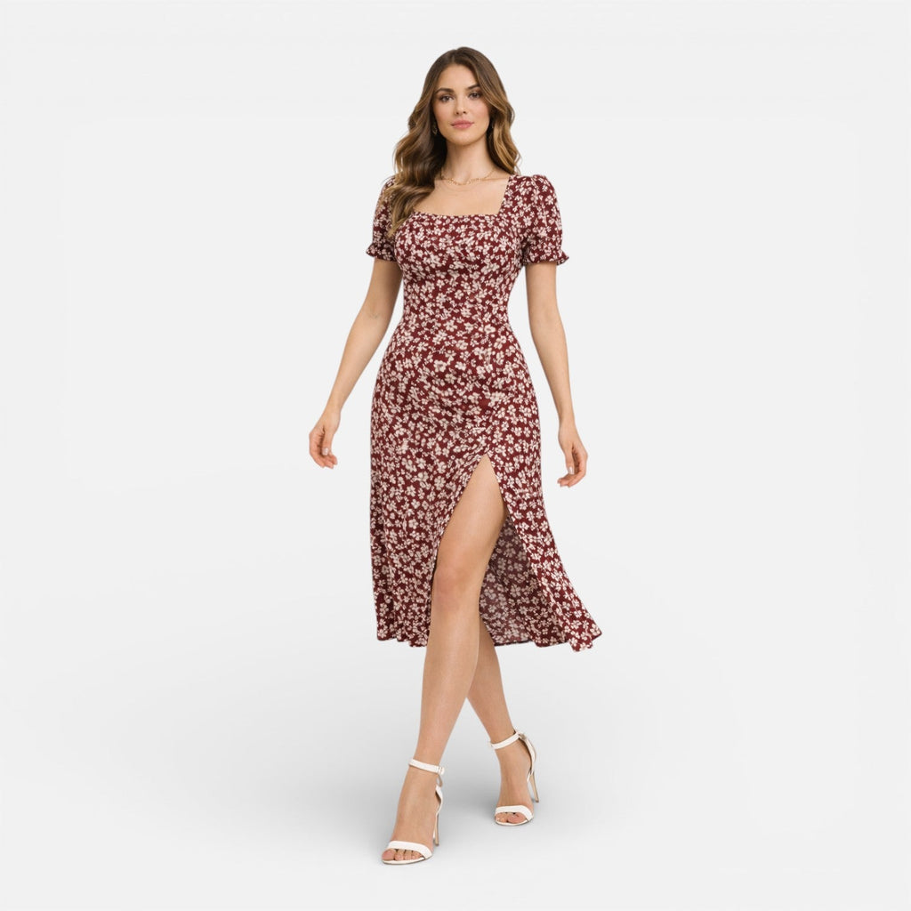 Women’s Floral Midi Dress – Elegant Square Neck Summer Dress