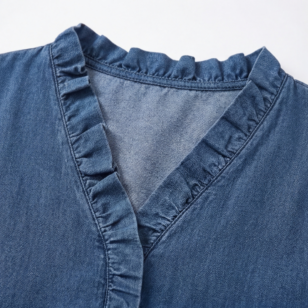 Vivara Ruffle V-Neck Denim Blouse - Soft and Feminine