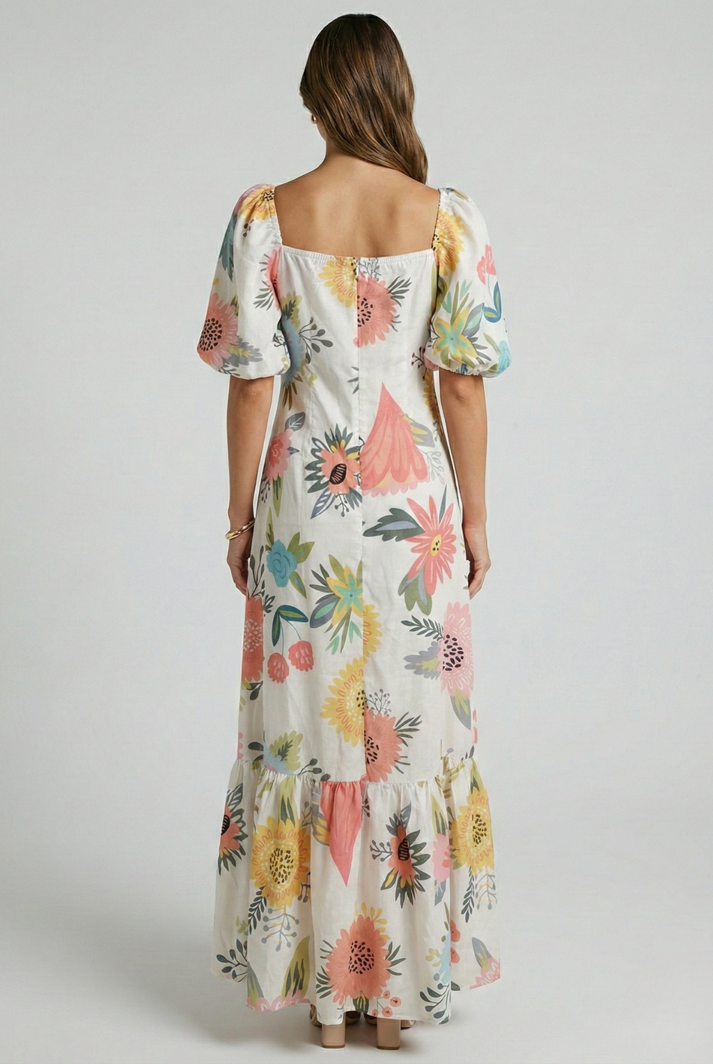 Women's Puff Sleeve Floral Maxi Dress – Romantic Flowy Occasion Dress