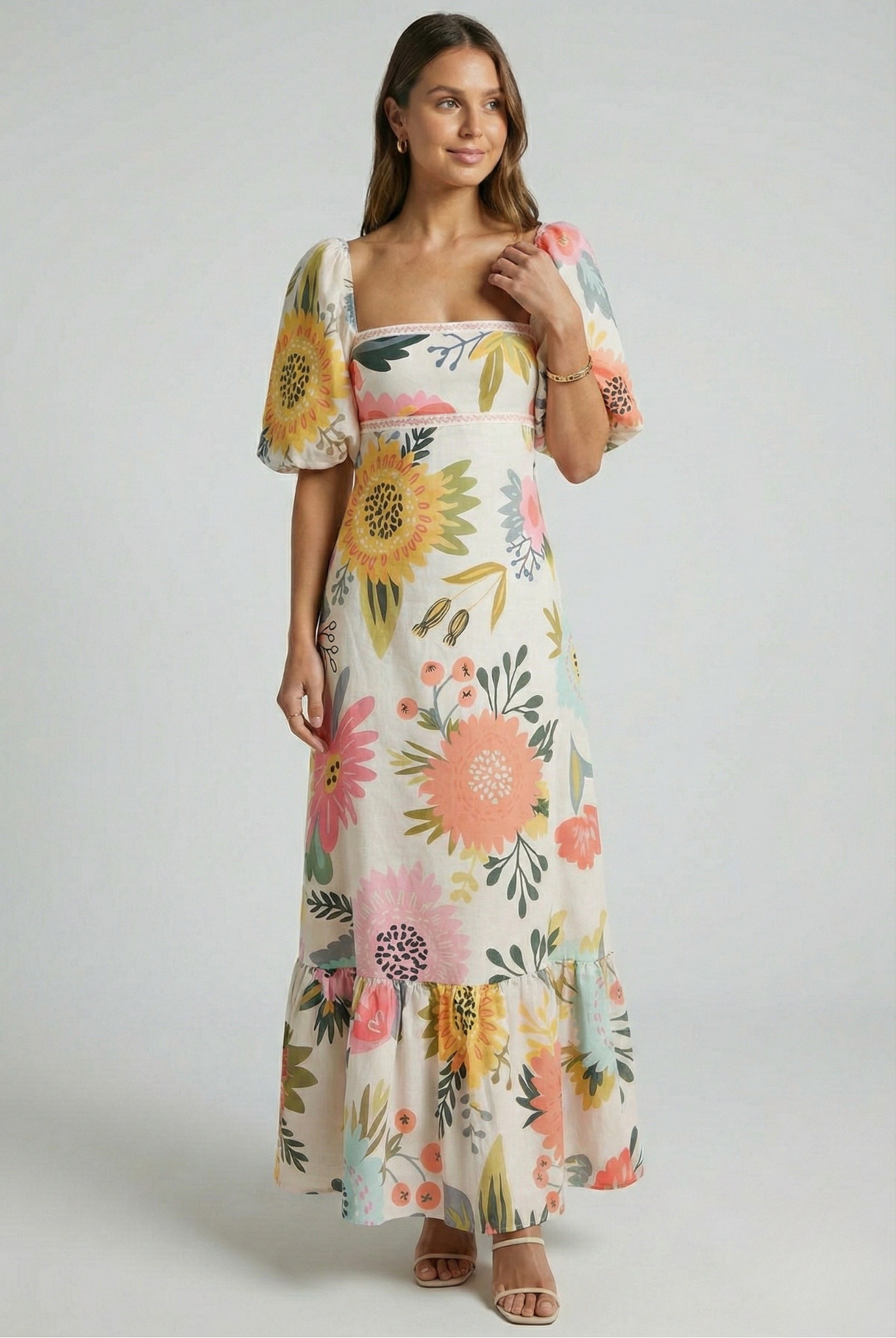 Women's Puff Sleeve Floral Maxi Dress – Romantic Flowy Occasion Dress
