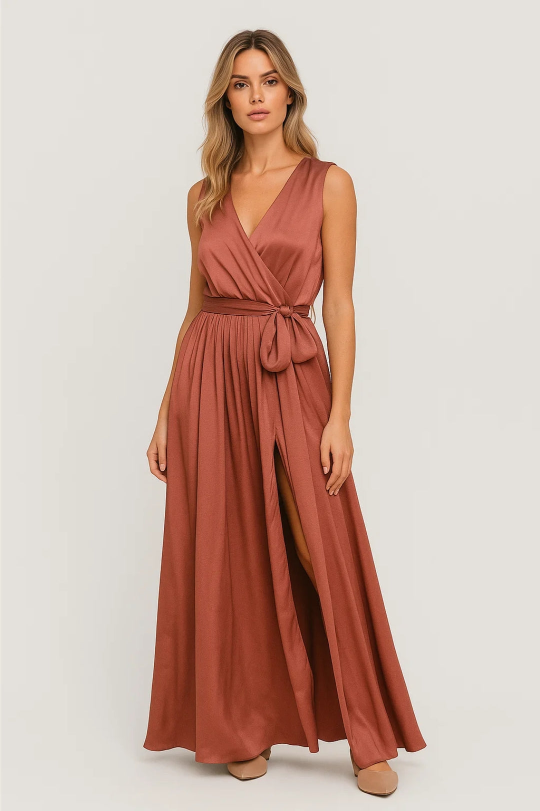 Women's Wrap Maxi Dress with V-Neck and Slit – Elegant Flattering Style