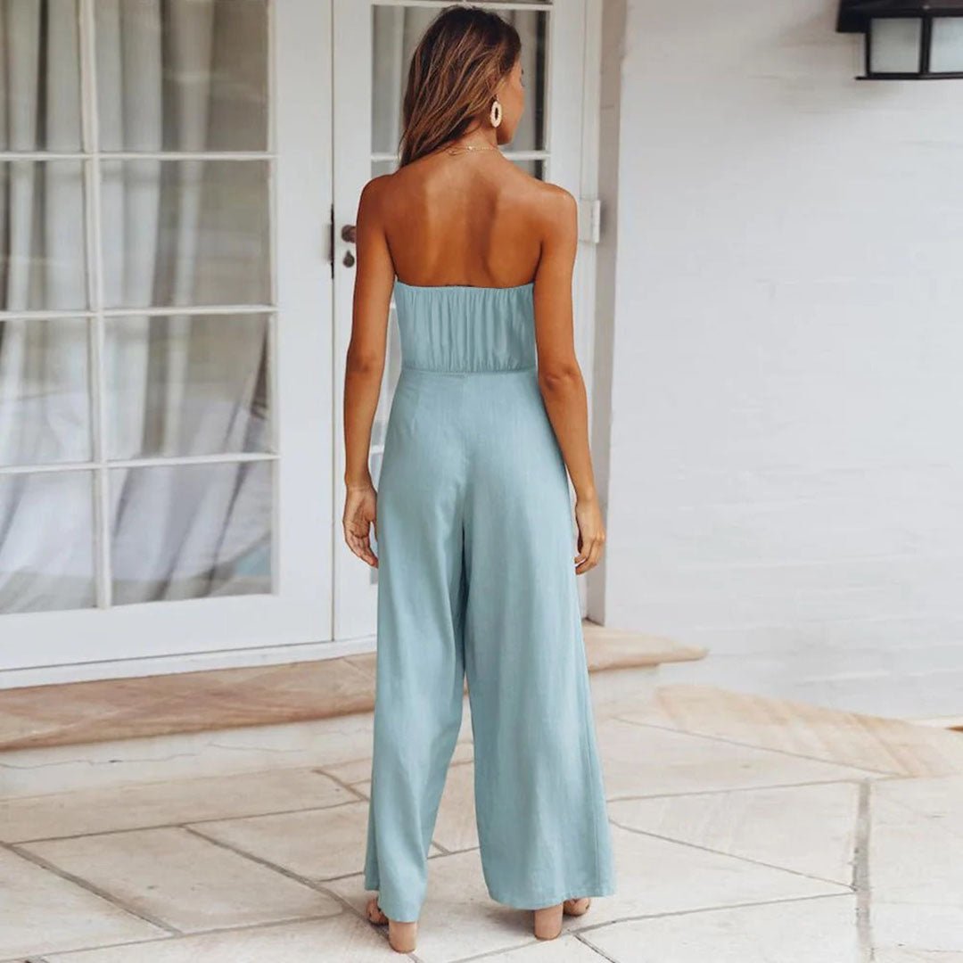Women's Strapless Wide Leg Jumpsuit – Tie Waist Elegant Summer Outfit