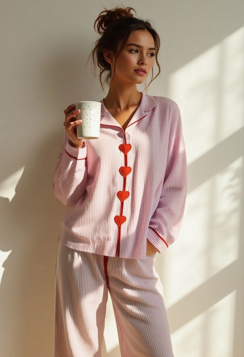 Damespyjamaset met hartvormige knoopjes – Premium comfortabele pyjama bestaande uit shirt en broek.