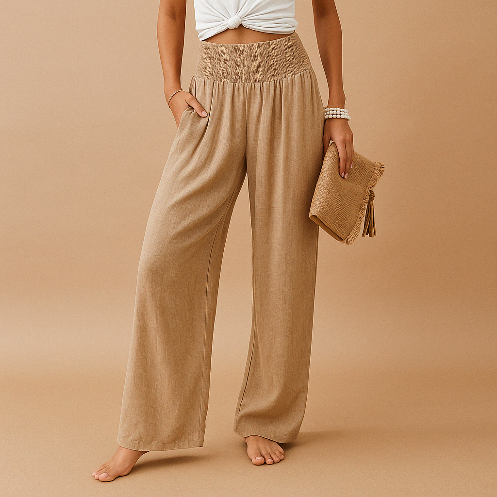 Women's High-Waist Linen Pants – Relaxed Elastic Waist Everyday Trousers
