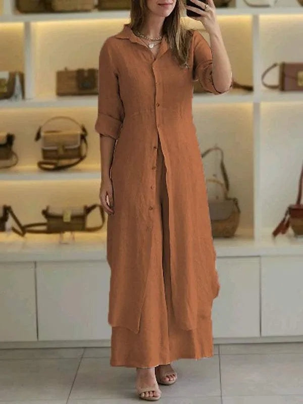 Women's Linen Matching Set – Long Blouse and Wide Leg Trousers