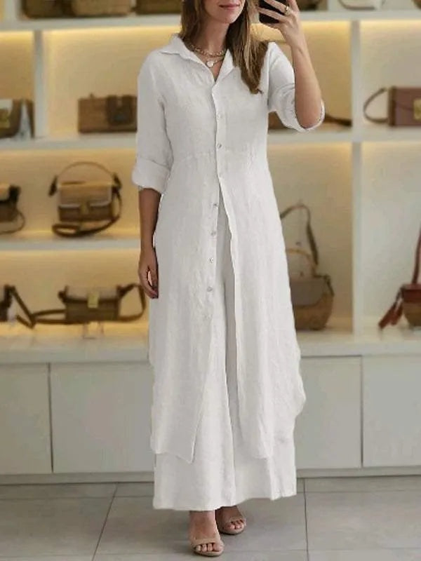 Women's Linen Matching Set – Long Blouse and Wide Leg Trousers