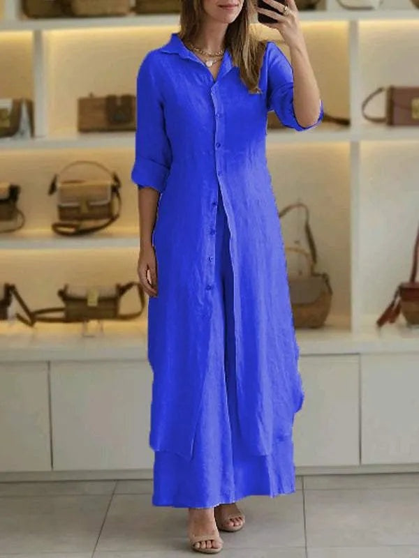 Women's Linen Matching Set – Long Blouse and Wide Leg Trousers