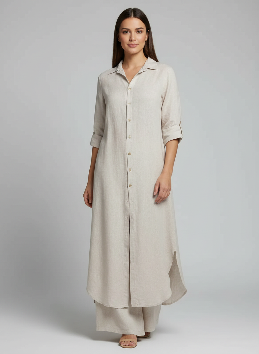 Women's Linen Matching Set – Long Blouse and Wide Leg Trousers