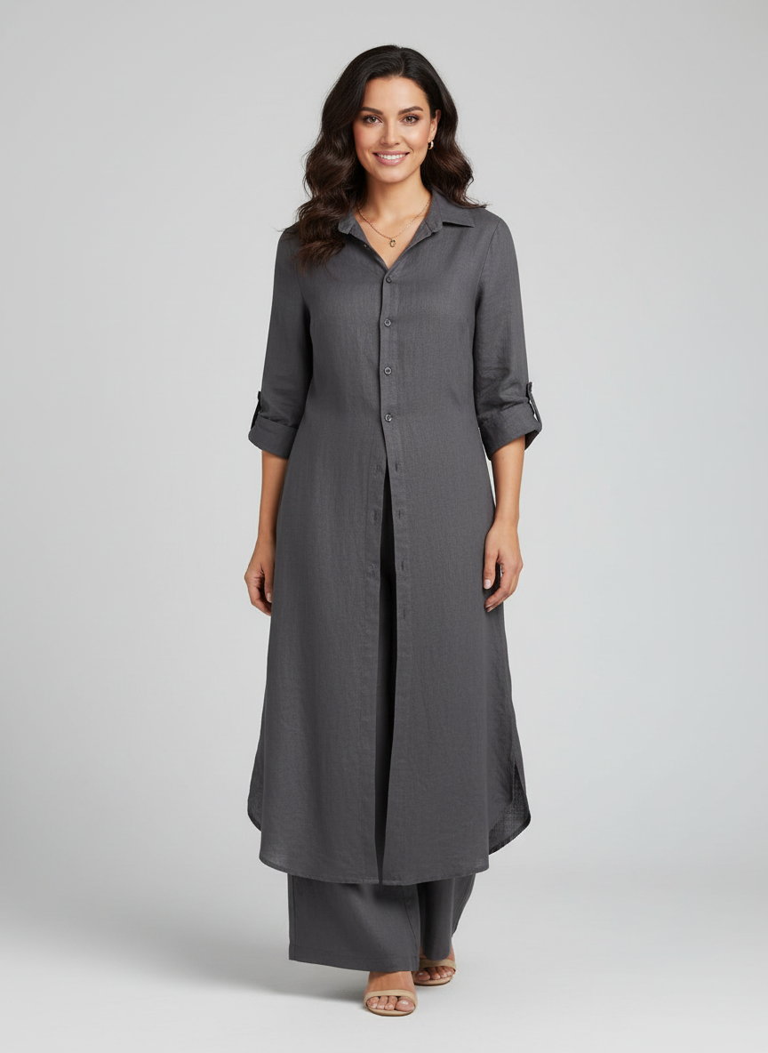 Women's Linen Matching Set – Long Blouse and Wide Leg Trousers