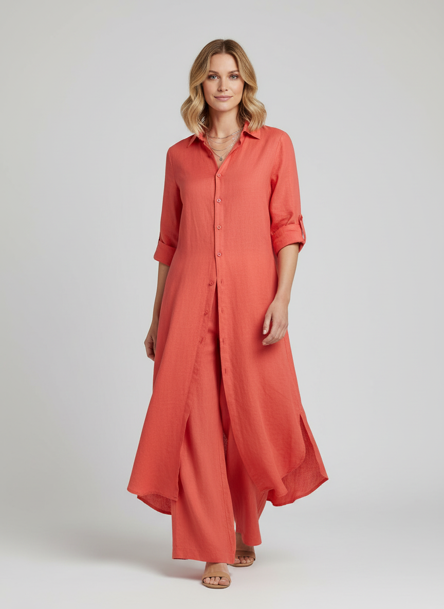 Women's Linen Matching Set – Long Blouse and Wide Leg Trousers