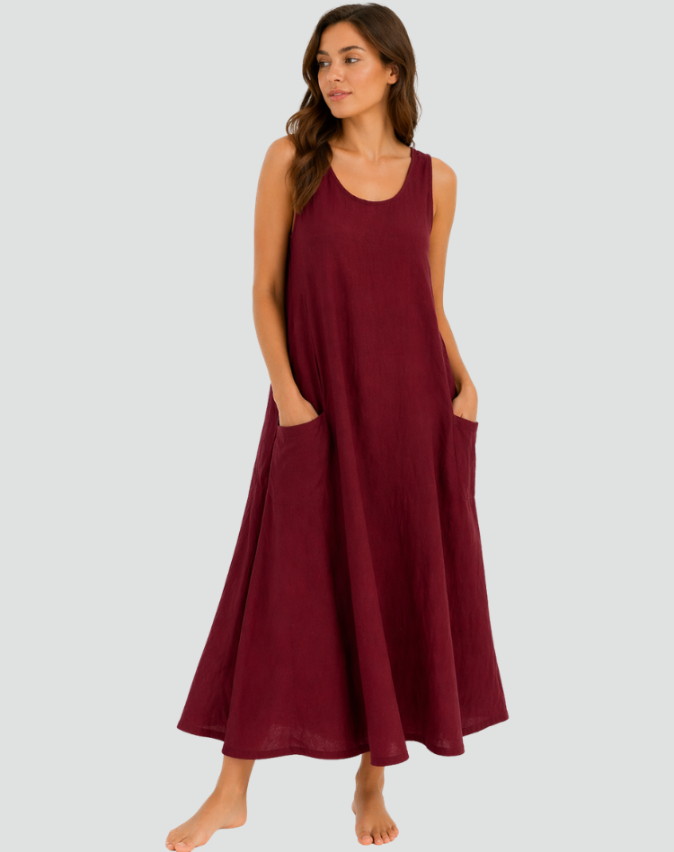 Women's Linen Maxi Dress – Relaxed Pocket Summer Daywear