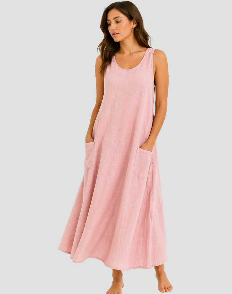 Women's Linen Maxi Dress – Relaxed Pocket Summer Daywear