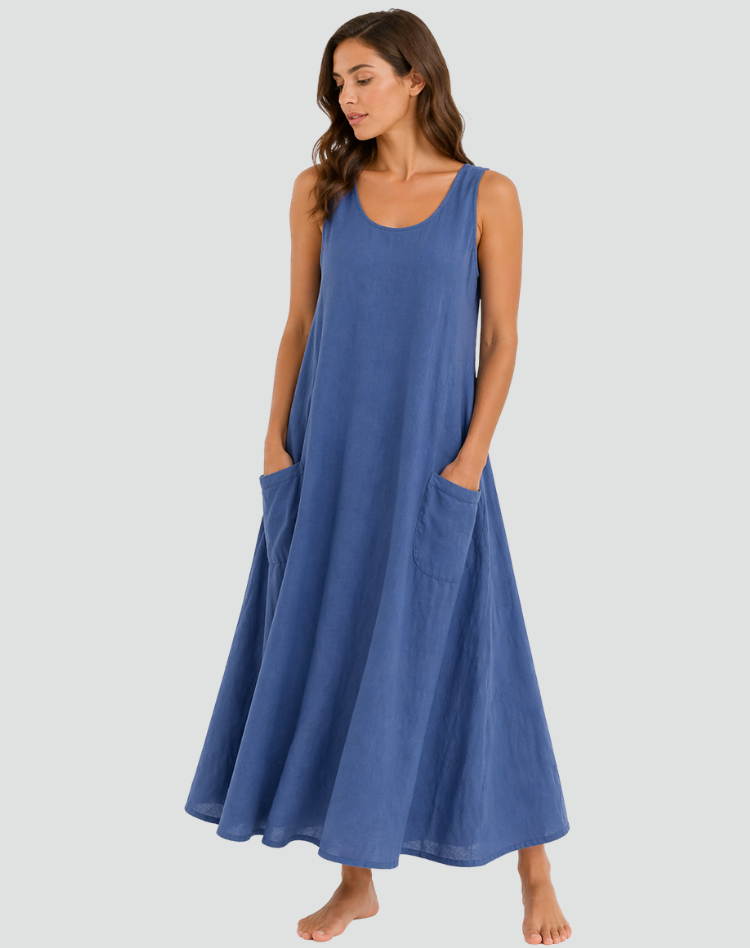 Women's Linen Maxi Dress – Relaxed Pocket Summer Daywear