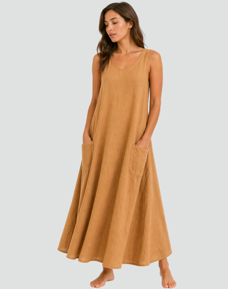 Women's Linen Maxi Dress – Relaxed Pocket Summer Daywear