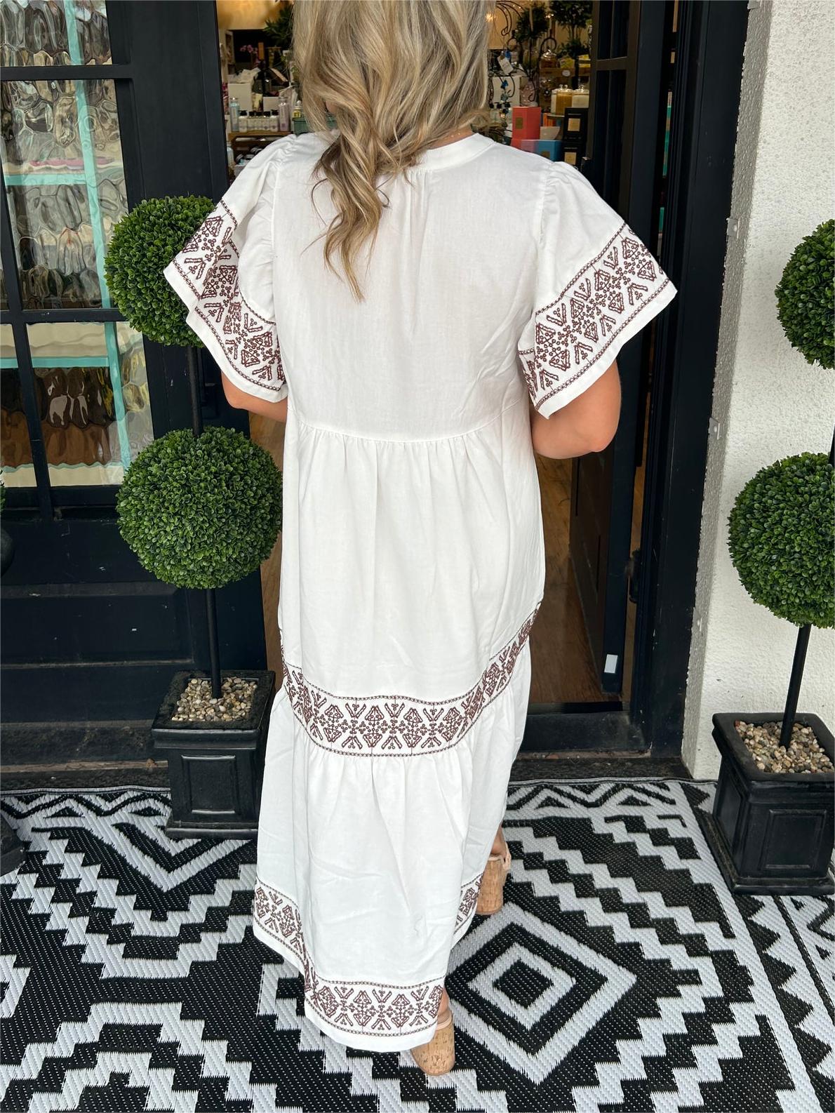 Women's Embroidered V Neck Boho Maxi Dress – Flowy Vacation Dress