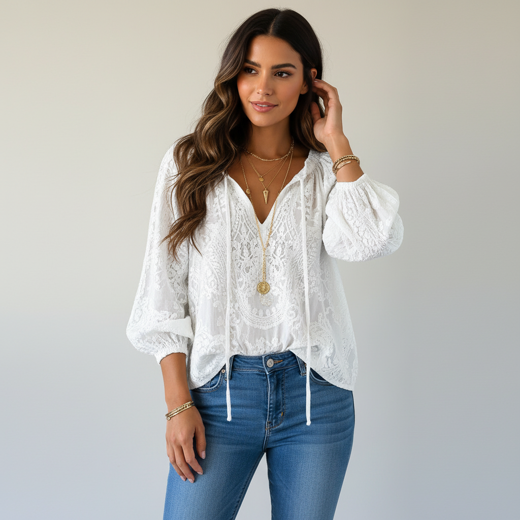 Women's Boho Lace Blouse – Lightweight Dressy Everyday Top