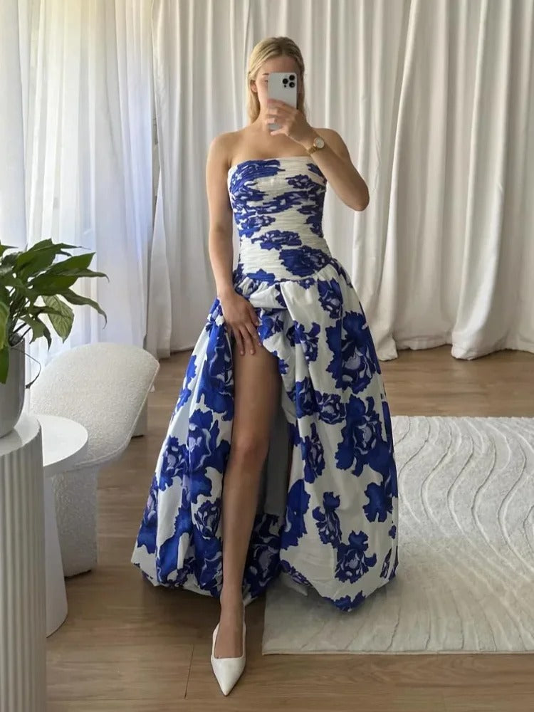 Women's Draped Floral Maxi Dress – Elegant Boho Evening Dress