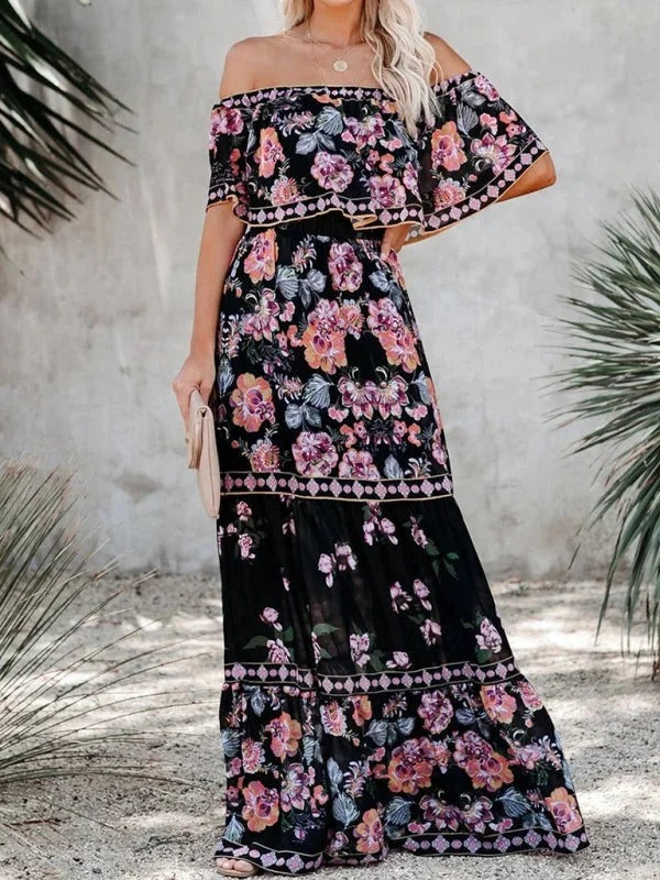 Luna’s Women’s Off-Shoulder Maxi Dress – Garden Muse Elegant Flowy Party Style