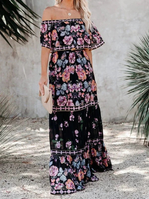 Luna’s Women’s Off-Shoulder Maxi Dress – Garden Muse Elegant Flowy Party Style