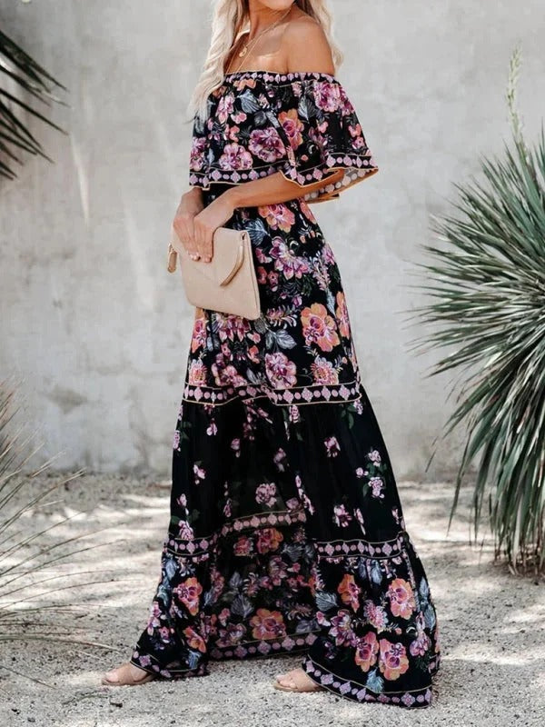 Luna’s Women’s Off-Shoulder Maxi Dress – Garden Muse Elegant Flowy Party Style