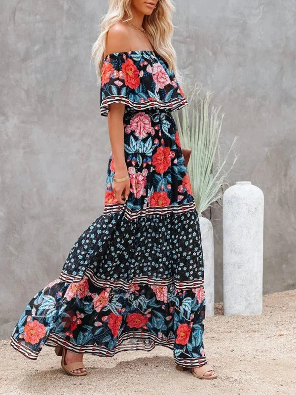 Luna’s Women’s Off-Shoulder Maxi Dress – Garden Muse Elegant Flowy Party Style