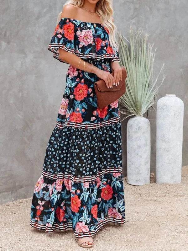 Luna’s Women’s Off-Shoulder Maxi Dress – Garden Muse Elegant Flowy Party Style